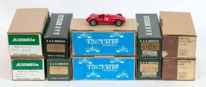 Group of 1:43 Built Model Car Hobby Kits Including K & R REPLICAS: 1961-65 Triumph TR4 (KR7); And, AME: Ferrari Berlinetta Boxer (3); And TRON KITS: 1954 Ferrari 500 MD (P11). All built in original cardboard packaging. (42 items) 