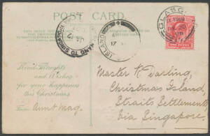 Postal History (Christmas Island) - 1907 postcard from Glasgow, Scotland bearing 1d Edward; addressed to "Master R. Darling, Christmas Islands, Straits Settlements via Singapore" with double circle 'PENANG TO SINGAPORE/JA12/1907' marine-sorter cds and 'CH