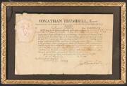 JONATHAN TRUMBULL [1740-1809] full signature on May 1809 document appointing one Nathaniel Goodwin to the position of Lieutenant of the 9th Company in the 1st Regiment of the Militia in the State of Connecticut; framed and with original wafer seal intact.