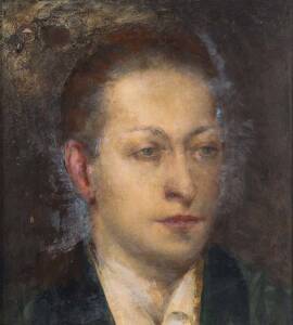 GRIGORY GLUCKMANN (1898-1973) Portrait of Jascha Heifetz, (circa 1920s) oil on panel; 38.5 x 35.5 Gluckmann was also a Russian emigre, and part of the Heifetz circle of Russian friends who came to be based in Los Angeles. He had painted this portrait of H