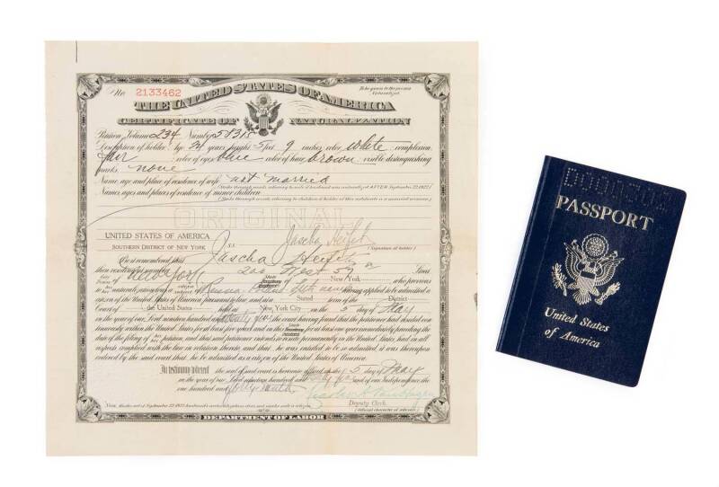 JASCHA HEIFETZ - CERTIFICATE OF NATURALIZATION Dated 5th May 1925, when Heifetz was only 25, this original signed document marks the day on which he became a citizen of the United States of America. Accompanied by his last US Passport, signed in 2 places;