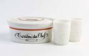 A set of 8 milk glass tumblers, probably Washington Glass Company, 20th century;together with a French ceramic tureen and cover;&nbsp;the tumblers 10.5cm high. (10 pieces).&nbsp;The set of glasses had been bought by Frances and Jascha as casual water glasses for pa