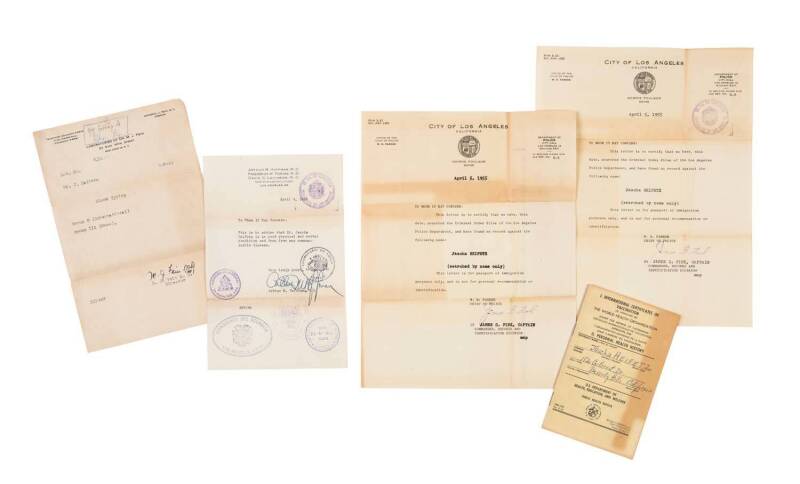 Documents including a February 1944 report from his doctor in New York advising Heifetz of his blood type; April 1955 medical certificate issued in Los Angeles prior to Heifetz's visit to Venezuela; an April 1955 certificate from the Los Angeles Police De