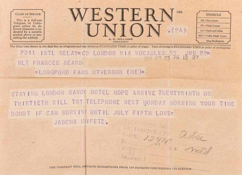 An archive of private correspondence, mainly mid-1940s - mid-1950s. Predominantly comprising of telegrams, letters, cards, notes and fragments from Heifetz to his second wife, Frances, who he usually refers to as "Funny Face". Much can be gleaned about th