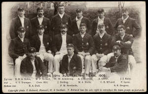 CRICKET POSTCARDS: c1904-64 postcards collection, noted Australian team postcards for 1905, 1921, 1926, 1930 (2), 1934, 1938, 1956 & 1964 (2); also 1904 England team; West Indies 1928 & 1933. Poor/VG condition.