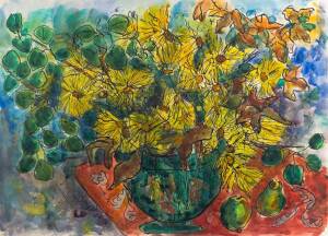 PAULINE POLK (1896-1986) Bowl of Brightly Coloured Flowers and Fruit; watercolour; signed lower left; 55.5 x 76 cm. PROVENANCE: Gift from the artist.The wife of Heifetz admirer and film-maker, Rudolf Polk, Pauline was an accomplished and widely collected 