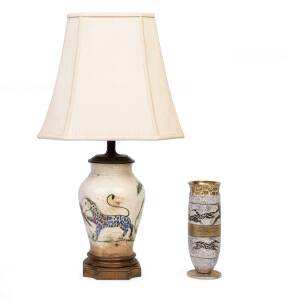 A ceramic lamp (with shade) and a European art deco porcelain vase, 20th century;the lamp 58cm high.An interesting pair of objects from the Heifetz home in Los Angeles. The lamp had been bought by Frances and Jascha for the living room, where it sat on a 