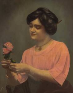 M. GRAY Portrait of a Woman with a Rose, oil on board; signed lower left: M. Gray; 75 x 60 cm 