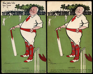 c1905 postcards with artwork by George Taylor, "Cricket - Of ways of running up a score there are two, let me state; Some run up one at cricket, some run a score up on a slate". Two similar comic postcards by different manufacturers. Fair/G.