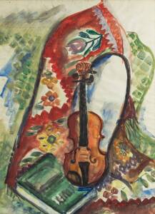 PAULINE POLK (1896-1986) Violin with Book and Floral Shawl; watercolour; signed lower left; 77 x 56 cm. PROVENANCE: Gift from the artist