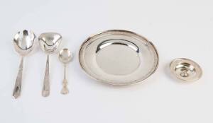 A collection of sterling silver items comprising a small bowl, London 1989, 8cm diameter, an American circular dish, 21cm diameter, and three serving spoons410 grams. (5 items).