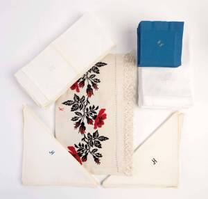 A collection of various embroidered linen napery and needle work embroidered with the letter "H" monogram, linen handkerchiefs, together with some paper napkins; the largest table runner, 200cm long, 38cm wide. (A quantity).Heifetz enjoyed an evening cock