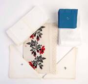 A collection of various embroidered linen napery and needle work embroidered with the letter "H" monogram, linen handkerchiefs, together with some paper napkins;&nbsp;the largest table runner, 200cm long, 38cm wide. (A quantity).Heifetz enjoyed an evening cock