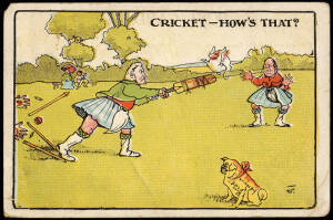 CRICKET POSTCARDS: c1905-10 comic postcards, noted "Cricket - How's That?" with Alfred Deakin batting & George Reid bowling; "Stumped" with artwork by David Souter; "A Jolly Happy Christmas..." with artwork by Harry Garlick. Fair/G condition.