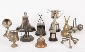 Collection of cricket theme trophies, plaques and memorabilia. Noted; Very nice silver plated condiment set and figured antique epergne base.Fair to good condition.