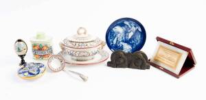 Additional items: Burmese pocket opium scales, 'Last Supper' ornament, antique sauce tureen (with ladle, saucer and cover), Russian folkart egg on stand, 'Pax in Terra' plate and two lidded ceramic pots; the tureen 15cm