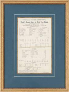 1926 VICTORIA'S WORLD RECORD SCORE: Silk scorecard "World's Record Score in First Class Match, Victoria v New South Wales, Played at Melbourne on 24th, 27th, 28th and 29th of December, 1926", window mounted, framed & glazed, overall 35x47cm. [Victoria's s