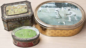 TINS: Vintage and modern tins with cricket motifs, note a very nice "Thorne's Extra Super Creme Toffee. Souvenir of the Australian Visit 1926" with cameo portraits of the Australian team and contoured lid in the form of a cricket ground. G/VG condition.