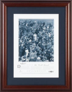 DON BRADMAN: "Bradman - The World Record", display comprising picture of Bradman leaving the field after his world record 334 in the 1930 Headingly Test, signed by Bradman at lower left, limited edition 865/1000, window mounted, framed & glazed, overall 4