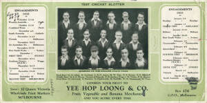 1932-33 ENGLAND "BODYLINE" TOUR TO AUSTRALIA: Unusual "Test Cricket Blotter" with picture of the English team & fixture list, issued by Yee Hop Loong & Co., Wholesale Fruit Market, Melbourne. Used, though extremely rare.