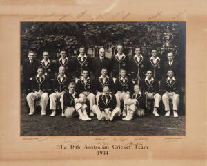 1934 AUSTRALIAN TEAM, large official team photograph, by Sasha, with title "The 18th Australian Cricket Team, 1934" printed on mount, with 18 signatures on mount - Bill Ferguson (scorer), Clarrie Grimmett, Bill Brown, Hans Ebeling, Harold Bushby (manager)