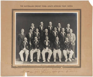 1935-36 AUSTRALIAN TEAM, original team photograph, titled "The Australian Cricket Team - South African Tour, 1935-6", signed on mount by the entire team, 17 signatures including Victor Richardson, Stan McCabe, Clarrie Grimmett & Bert Oldfield, size 43x36c