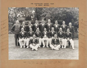 1938 AUSTRALIAN TEAM: Large official team photograph, with title "1938 Australian Cricket Team in Great Britain" and players names printed on mount, and with 17 signatures on mount - Don Bradman, Sidney Barnes (scarce), Stan McCabe, Fleetwood-Smith, Ben B