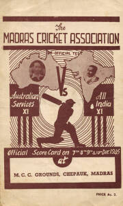 1945 rare scorecard "Australian Services XI vs All India XI, Official Score Card on 7th 8th 9th & 10th Dec 1945 at M.C.C. Grounds, Chepauk, Madras". Good condition.