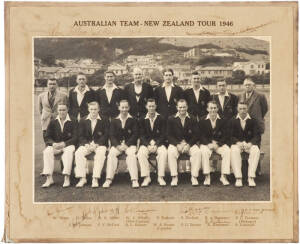 1946 AUSTRALIAN TEAM TO NZ, team photograph from the first official test match between NZ and Australia, photograph with 14 signatures including Bill Brown (captain), Keith Miller, Don Tallon, Ray Lindwall & Sid Barnes; size 30x25cm. Some of the signature