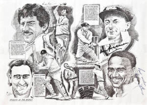 CRICKET KNIGHTS: Print "Knights of the Wicket" signed by Sir Don Bradman, Sir Garfield Sobers, Sir Richard Hadlee and Sir Colin Cowdrey, Framed & glazed. Plus a collection of Sir Don Bradman framed and or mounted prints and displays (many new). VG conditi