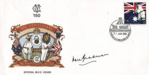 DON BRADMAN: Signed items, noted covers (2); "Australia Test Captains" card; entrance card for 1998 Grand Bradman Dinner; pencil sketch on autograph page.