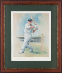 DON BRADMAN, print "Sir Don Bradman" by Alan Fearnley (Bradman wearing NSW cap with SCG in background), signed by Don Bradman & the artist, limited edition 585/850, framed & glazed, overall 63x76cm.