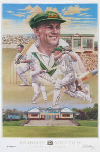 DON BRADMAN, signature on "Don Bradman" print by Brian Clinton, also signed by the artist & numbered 158/1000, published by the Bradman Museum, size 50x77cm. With CoA.