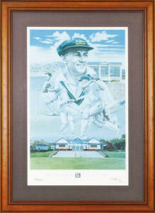 DON BRADMAN, signature on "Don Bradman" print by Brian Clinton, also signed by the artist & numbered 15/1000, published by the Bradman Museum, window mounted, framed & glazed, overall 72x99cm. (Print a trifle faded, though signature fine).