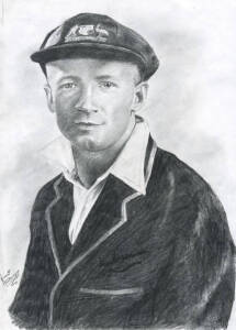 DON BRADMAN, original pencil sketch by Vincent Fantauzzo, portrait of the Don in his Australian blazer and cap, signed by the artist and by Don Bradman, size 21x30cm.