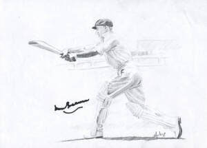 DON BRADMAN, original pencil sketch by Vincent Fantauzzo of the Don batting, signed by the artist and by Don Bradman, size 30x21cm.