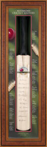 AUSTRALIAN CRICKET MASTERS, full size cricket bat, with signatures of Neil Harvey, Alan Davidson, Richie Benaud, Graham McKenzie, Bill Brown, Peter Burge, Colin McDonald, Sam Loxton, Bill Johnston, Norm O'Neill & Bill Lawry, mounted in attractive display 