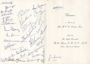 1958-59 ENGLAND TOUR TO AUSTRALIA: Menu "Dinner in Honour of The M.C.C. Cricket Team. Hotel Canberra, Canberra. Tuesday, 10th February 1959" with 33 signatures inside including Prime Minister Robert Menzies, Arthur Mailey, Jim Laker, Ian Craig, Ian Johnso