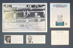 "THE TIED TEST", 1960 Australia v West Indies, 1st Test at Brisbane, display comprising action picture signed by Wes Hall & Richie Benaud (signatures very faded), limited edition 200/1000, window mounted, framed (no glass), overall 89x63cm.