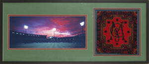 MELBOURNE CRICKET GROUND: Display comprising section of "MCC" carpet, saved from the demolition of the Members' Pavilion in late-2003, window mounted with photograph of the MCG, overall 113x48cm.