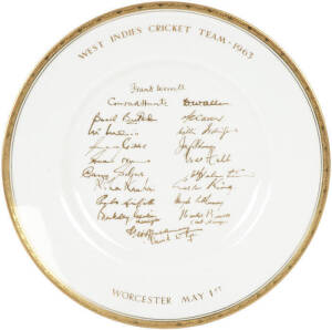 1963 ROYAL WORCESTER PLATE, "West Indies Cricket Team - 1963. Worcester May 1st", with facsimile signatures and rim in gold, made during the players' visit to the factory during the tour; signatures include Frank Worrell, Conrad Hunte, Lance Gibbs, Wes Ha