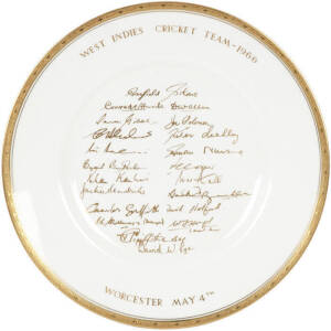 1966 ROYAL WORCESTER PLATE, "West Indies Cricket Team - 1966. Worcester May 4th", with facsimile signatures and rim in gold, made during the players' visit to the factory during the tour; signatures include Garfield Sobers, Conrad Hunte, Lance Gibbs, Wes 