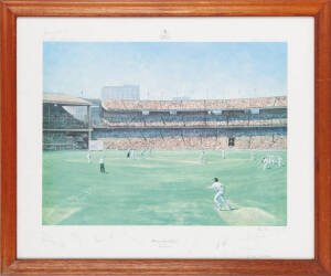 1977 CENTENARY TEST, "Melbourne Cricket Ground" Limited Edition Print by Alan Fearnley, signed by the artist and the England 1977 Centenary Test Team [11 signatures including Tony Grieg & Derek Randall], numbered 543/850, unframed 75 x 62cm.