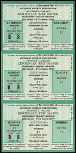 1977 CENTENARY TEST: Five strips of 5 Reserved Seat tickets, one for each day of the Centenary Test, Australia v England at MCG, on 12th-17th March; also pass for 1980 Australia v West Indies 3rd Test at Adelaide Oval.