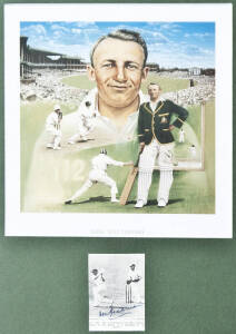 DON BRADMAN display "First Test Century", autographed and framed; "Great Australian", four framed one pound notes with cricketing autographs (Ian Chappell, Keith Miller, Allan Border and Greg Chappell); collection of cricket pictures and prints. VG condit