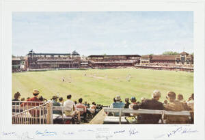 1980 CENTENARY TEST, LORD'S England v Australia, print by Arthur Weaver limited edition 399/850 signed by the artist and 11 former England/MCC captains including Peter May, Len Hutton, Gubby Allen & Norm Yardley. Unframed 75 x 55cm. Condition A-