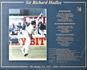 Cricket memorabilia and pictures: note; Sir Richard Hadlee autographed display; M.C.G. wooden seating display from the Ponsford stand (with certificate); 1982 England team signed miniature crickt bat display; (After) E.P.Kinsella (3) oil paintings; W.G.Gr