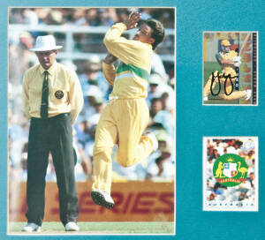 CRICKET AUTOGRAPHS & PRINTS: Miniature cricket bat displays (2) autographed by 1982 Australian team and the West Indies 1988 team; Signed player displays (3) Kim Hughes, Simon O'Donnell and Mark Waugh; Roger Marsh framed lithograph limited edition 30/250 