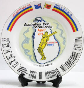 1983 AUSTRALIAN TOUR TO SRI LANKA: Plate "Australian Tour of Sri Lanka, April '83, First Test Match, 22nd, 23rd, 24th, 26th & 27th April 1983 at Asgiriya International Stadium", made by Lanka Porcelain. Good condition. Ex Bob Hooper, assistant manager of 