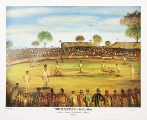 PRO HART; "The Bush Test, Rodney Marsh Testimonial" limited print of a 1000 copies signed by the artist; PRO HART print "Cricket at Ayers Rock"; MAX MANNIX "Can I Play Cricket, Too" limited edition 93/500 signed lower right; KYM HART "Cricket in Outback A